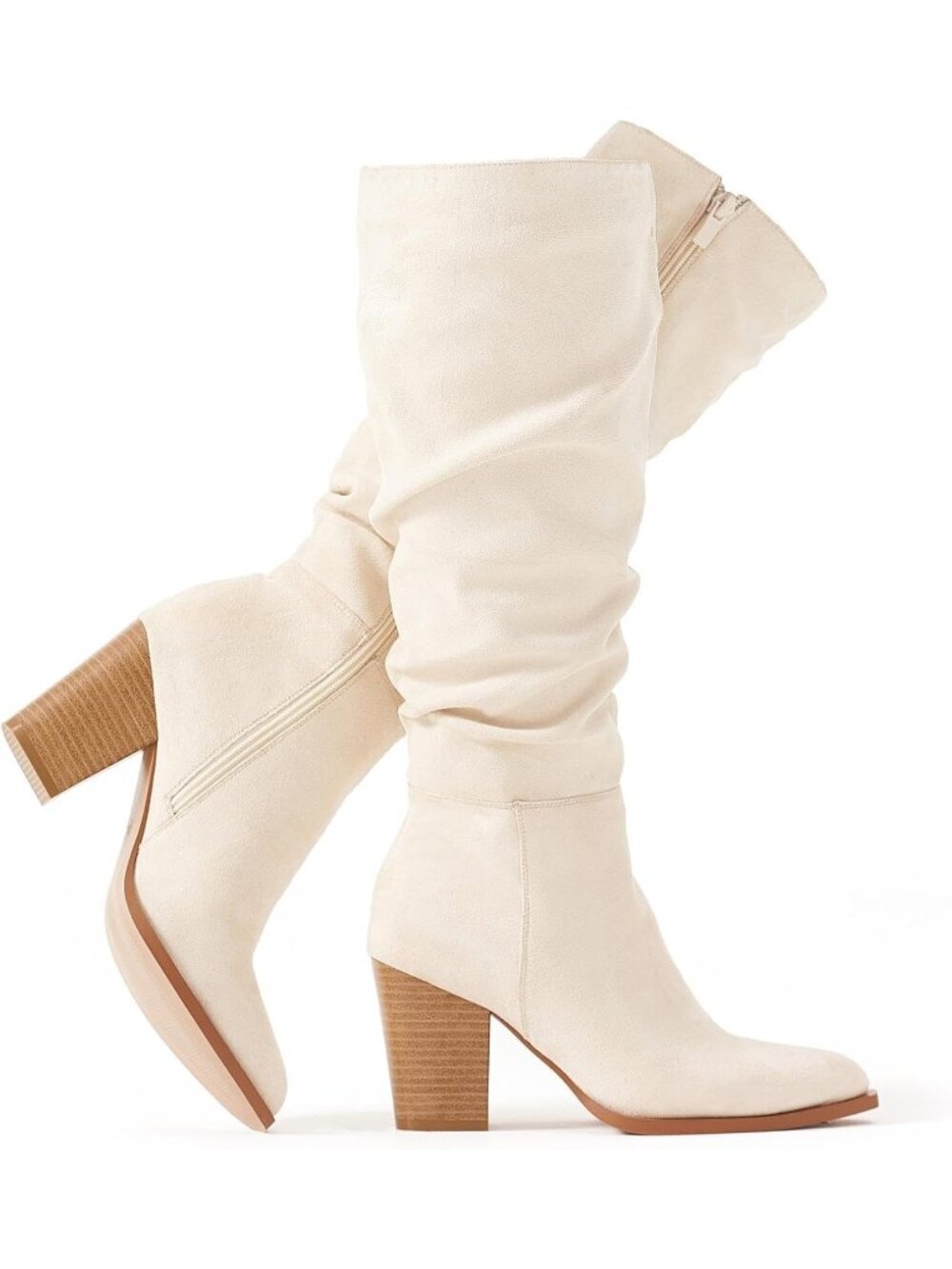 Women's Beige Pointed Toe Knee High Boots Faux Suede Boots with Chunky Heel